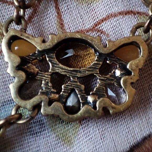 J. Crew Statement Necklace Topaz Honey Clear Stones Oxidized Brass 10 Medallions - Picture 12 of 14